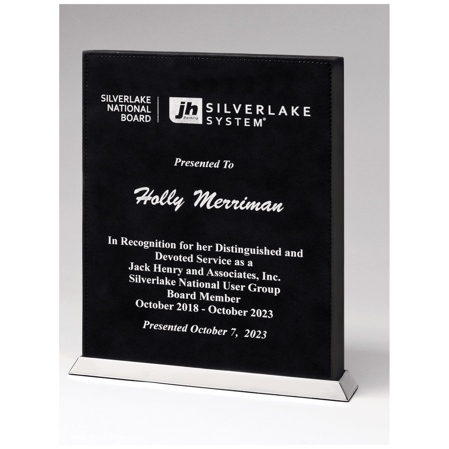 7 1/2" x 10" Black/Silver Laser Leather Desktop Plaque with Chrome Plated Base