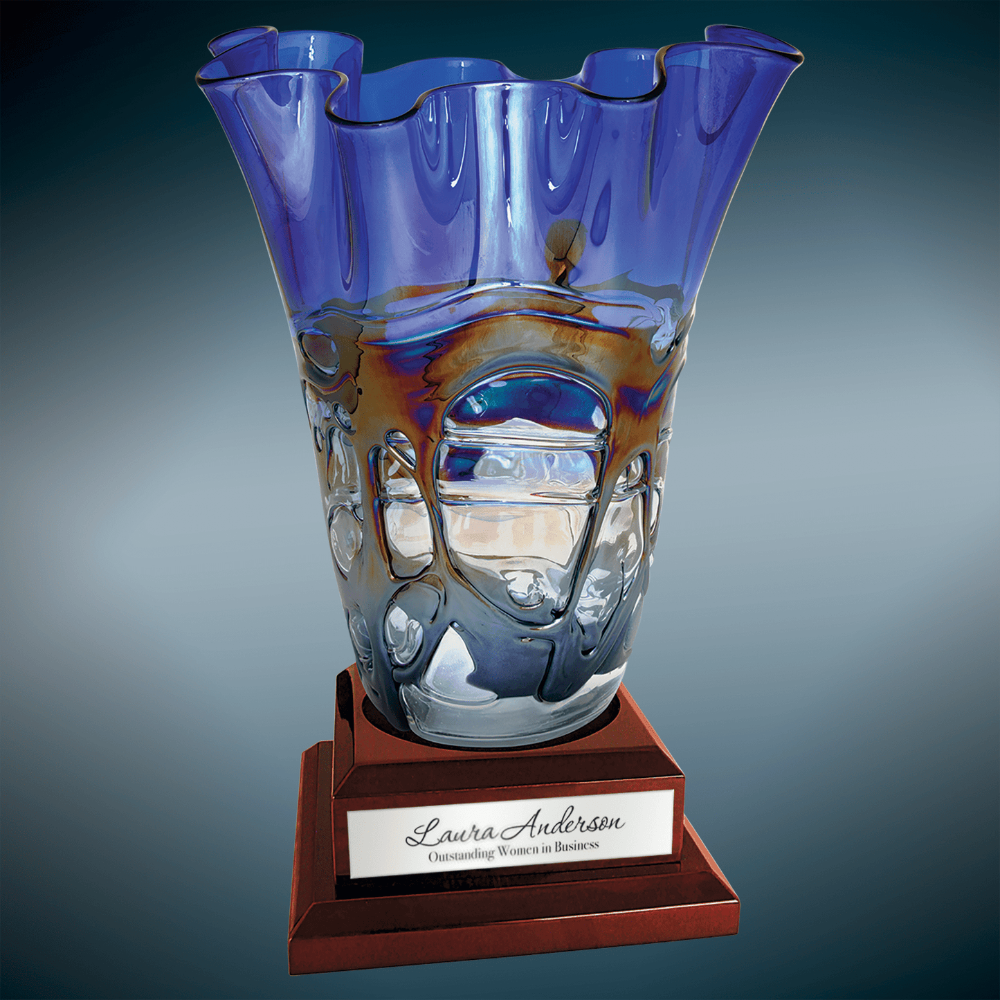 14" Art Glass Vase with Rosewood Royal Piano Finish Base