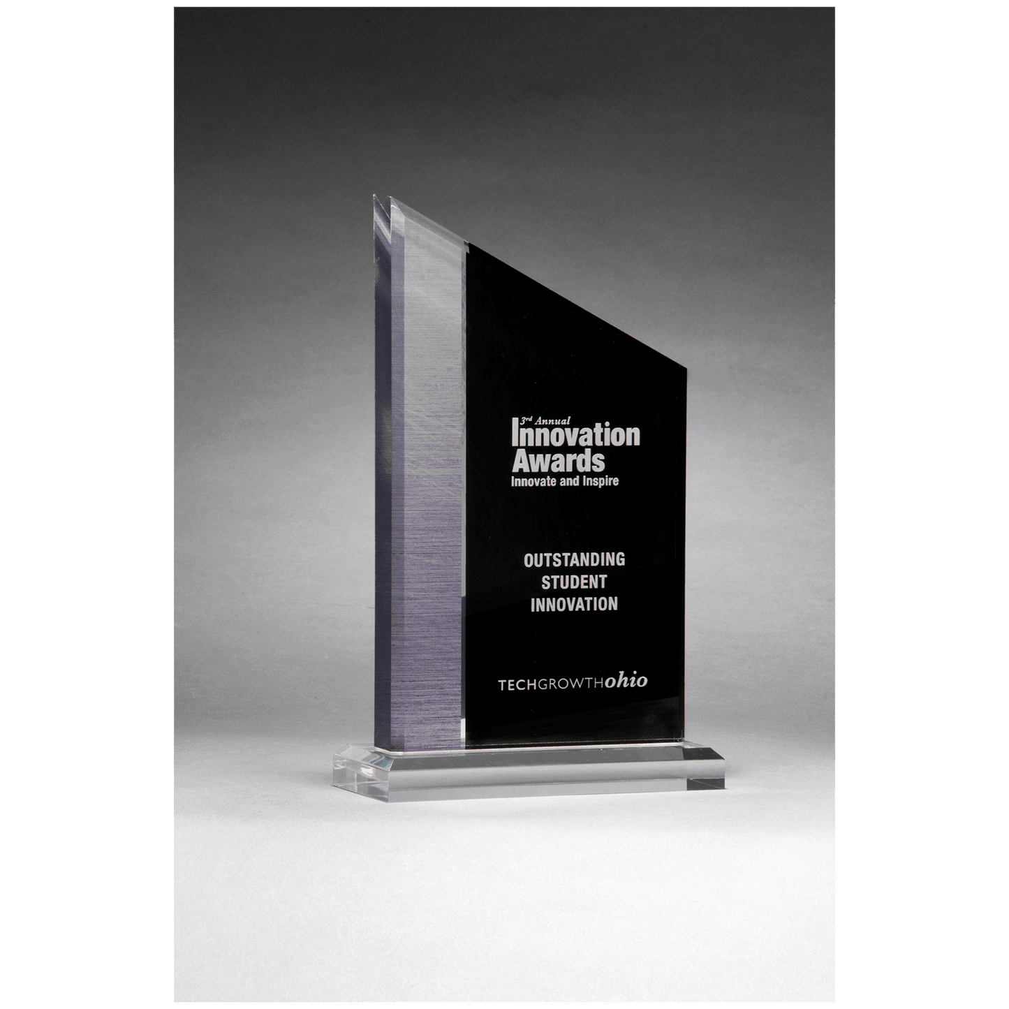 6" x 10" Digitally Printed Brushed Silver Accent on Black Upright Acrylic with Clear Base