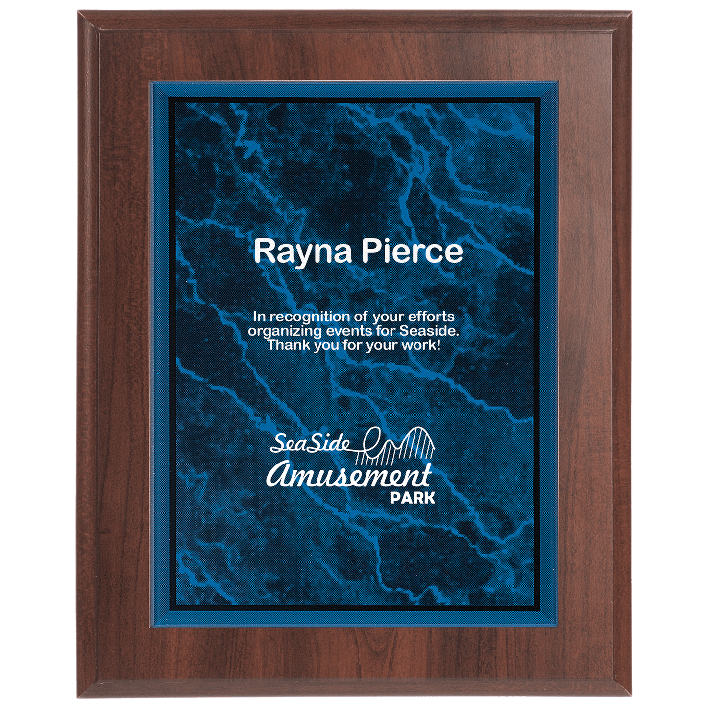 Small Cherry Finish Plaque with Blue Marble Acrlyc Plaque Plate