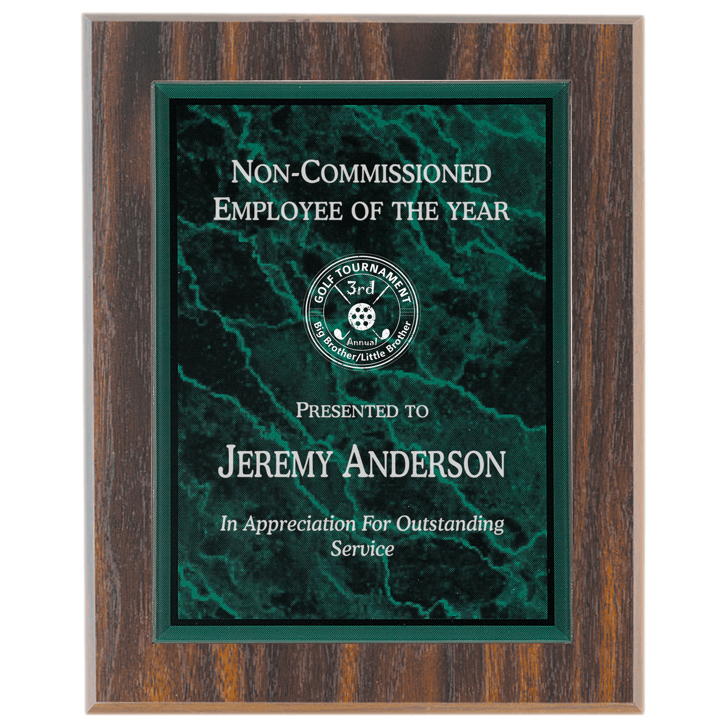 Large Walnut Finish Plaque with Green Marble Acrylic Plaque Plate