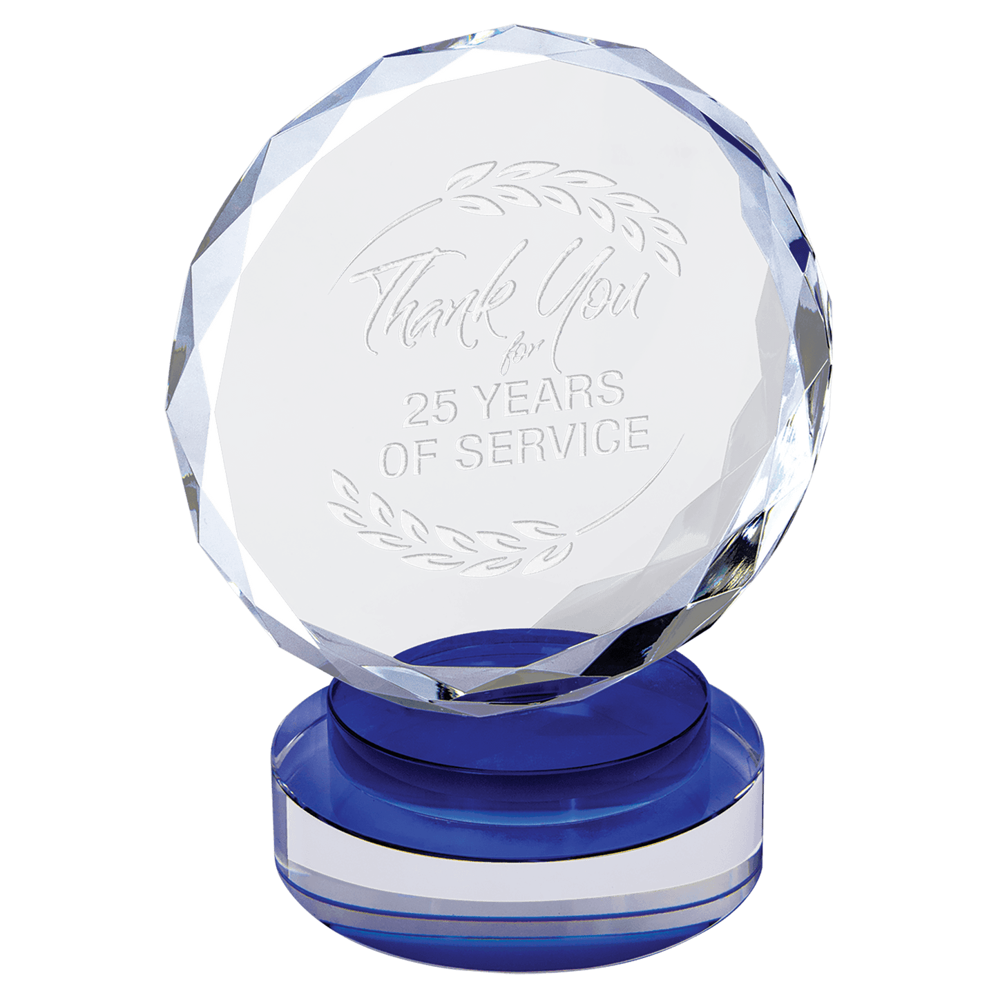 Blue & Clear 6" Round Facet Crystal on Round Base