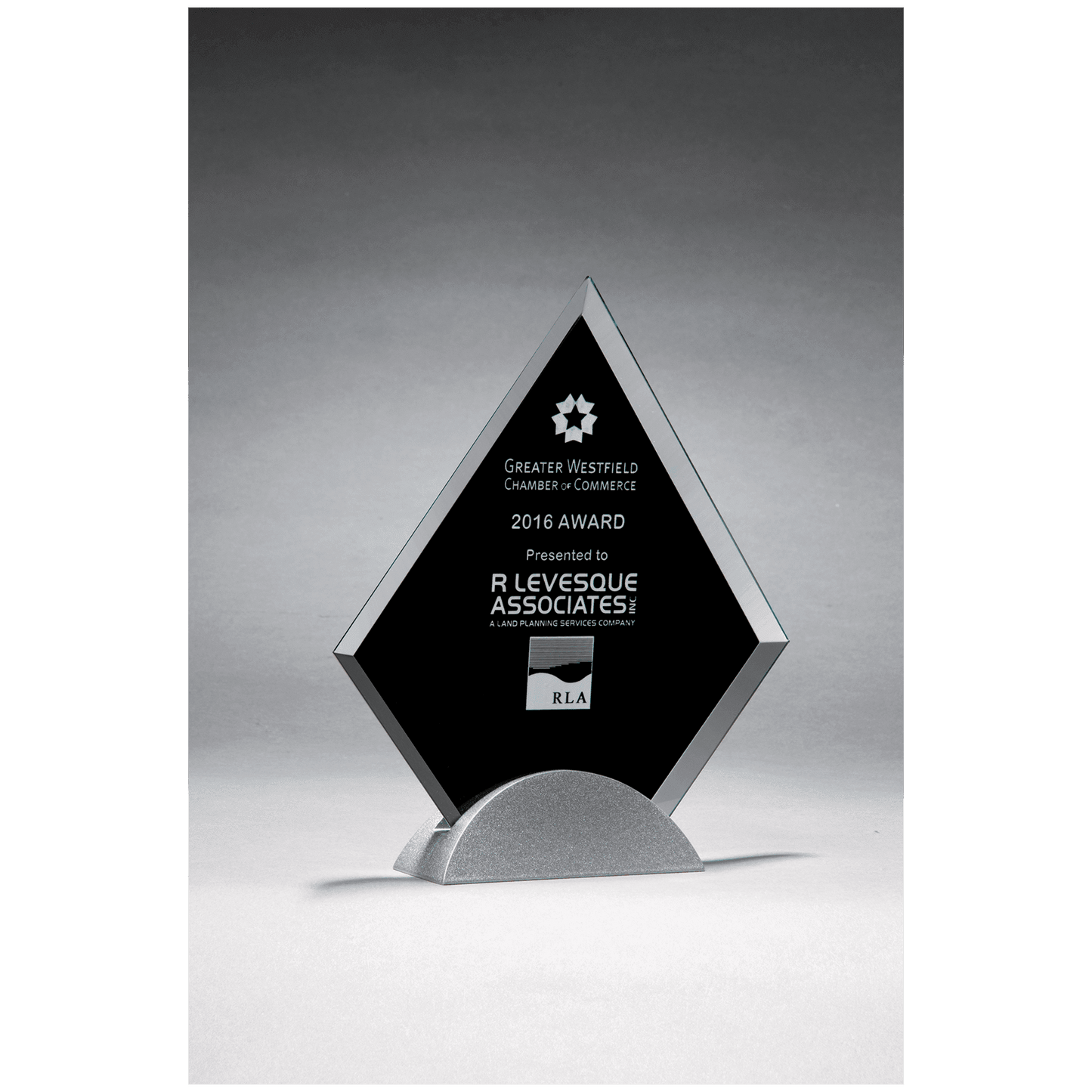 6 1/4" x 7 3/8" Diamond Shaped Glass Award, Black Silkscreen on Silver Metal Base