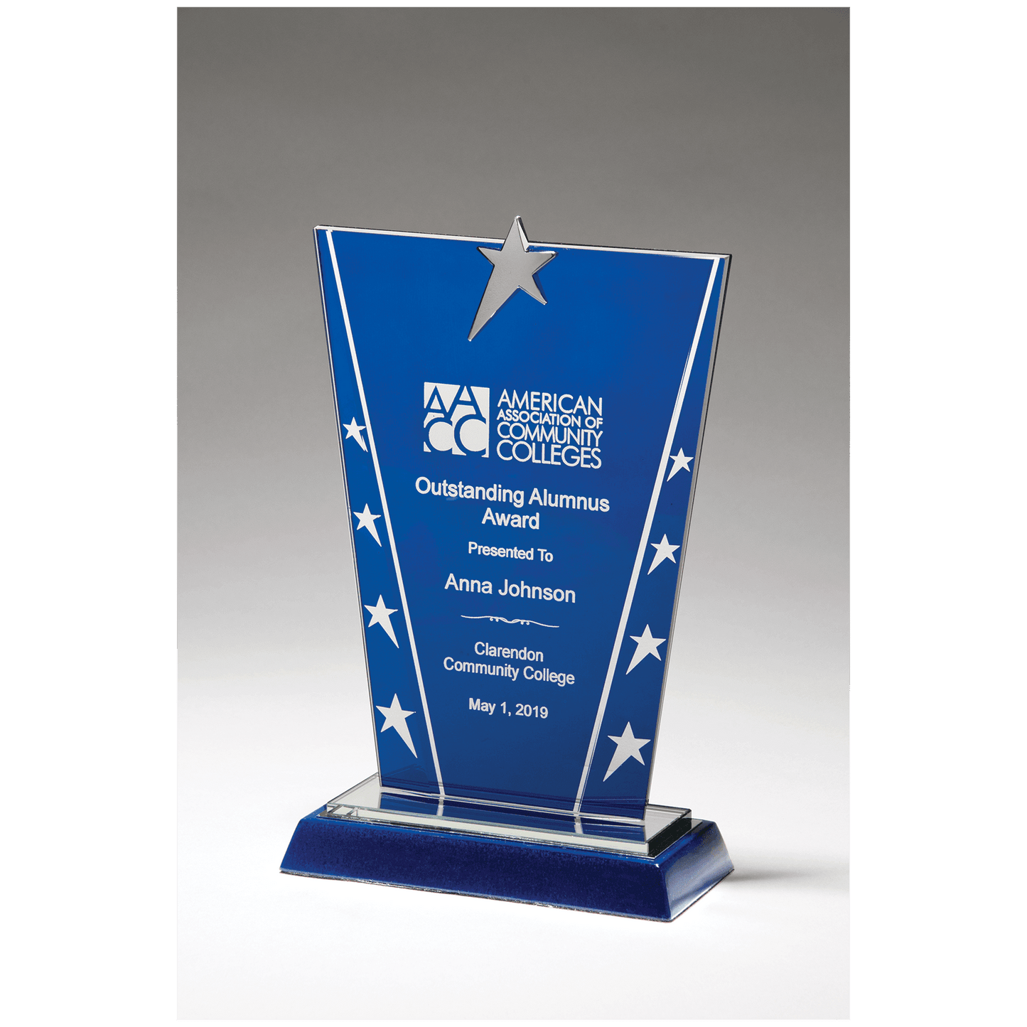 6 3/8" x 8 5/8" Constellation Series Glass Award with Blue Background with Chrome Plated Star