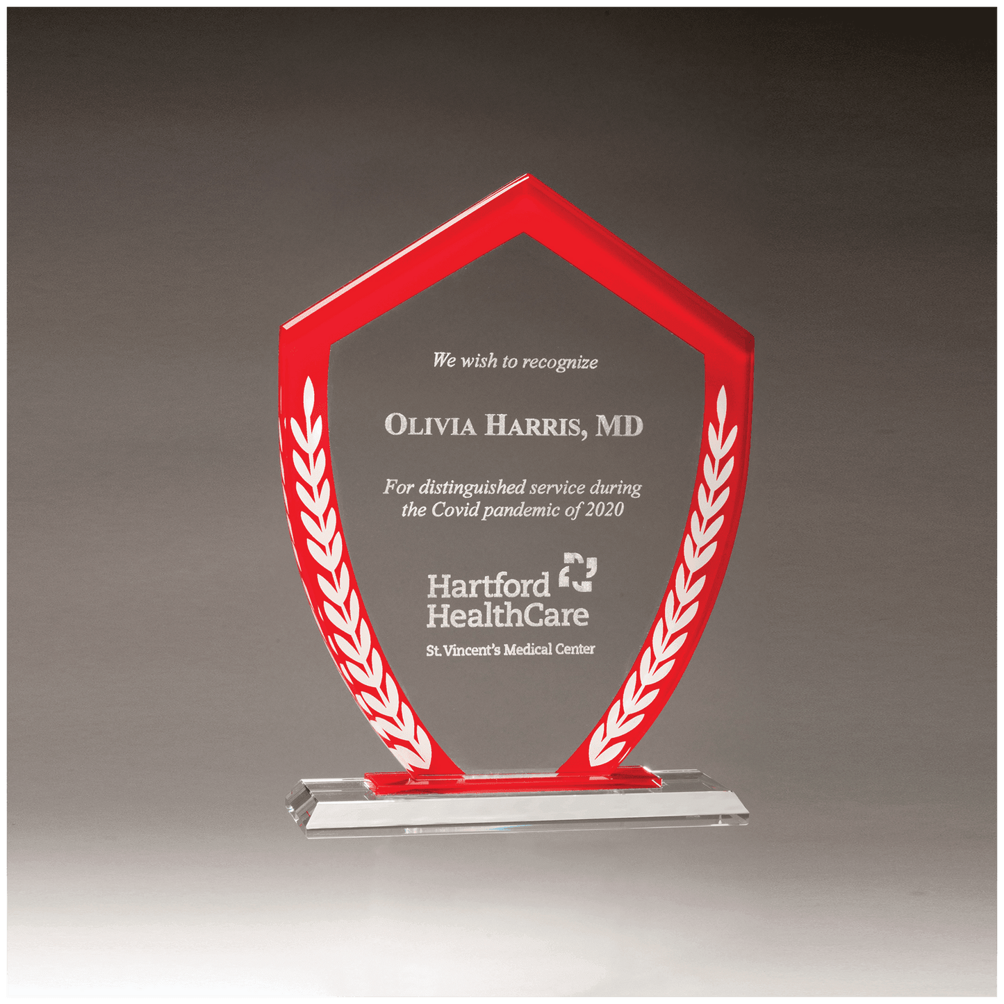 6 5/8" x 8 7/8" Shield Shaped Glass Award with Red Border and White Laurel Leaves