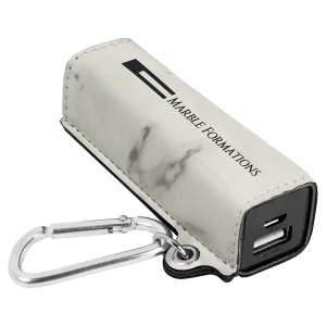 White Marble Leatherette Power Bank with Charging Cord and Carabiner