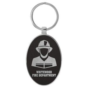 Black/Silver Leatherette Oval Keychain with Metal Frame