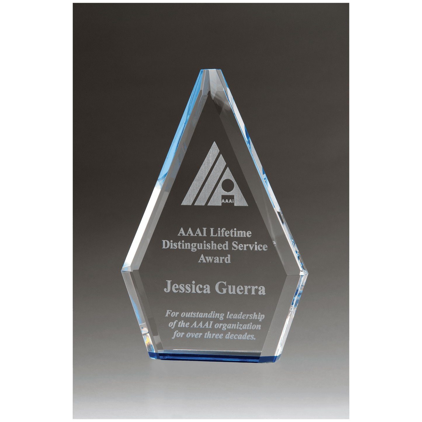 5 7/8" x 9" Flame Series Clear Crystal Award with Blue Accen ted Bottom