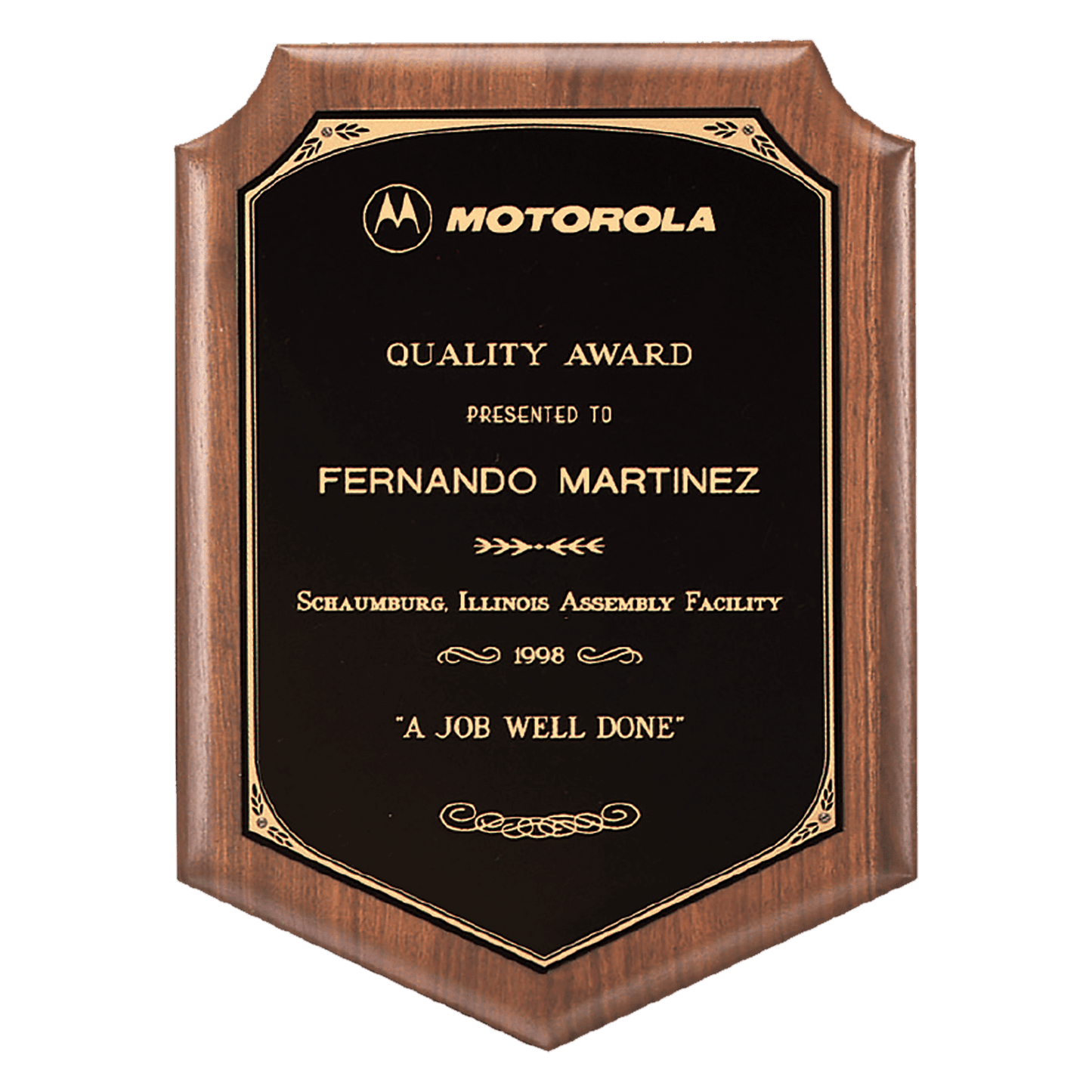 Walnut Plaque with Gold Border Laserable Black Brass 8" x 10 1/2" American Plate