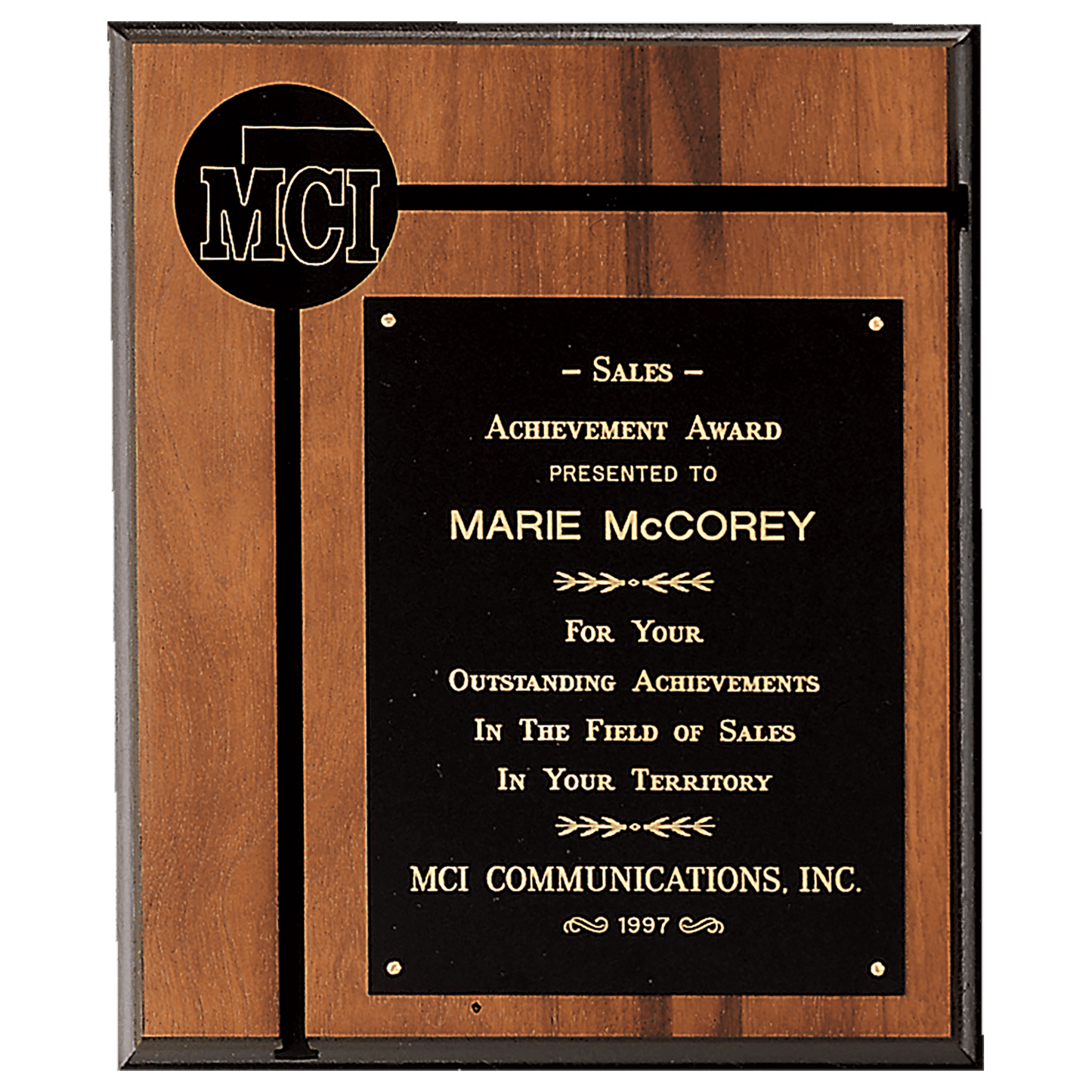 10" x 12" American Walnut Routed Plaque w/Black Brass Plate and 2 1/2" Black Brass Disc