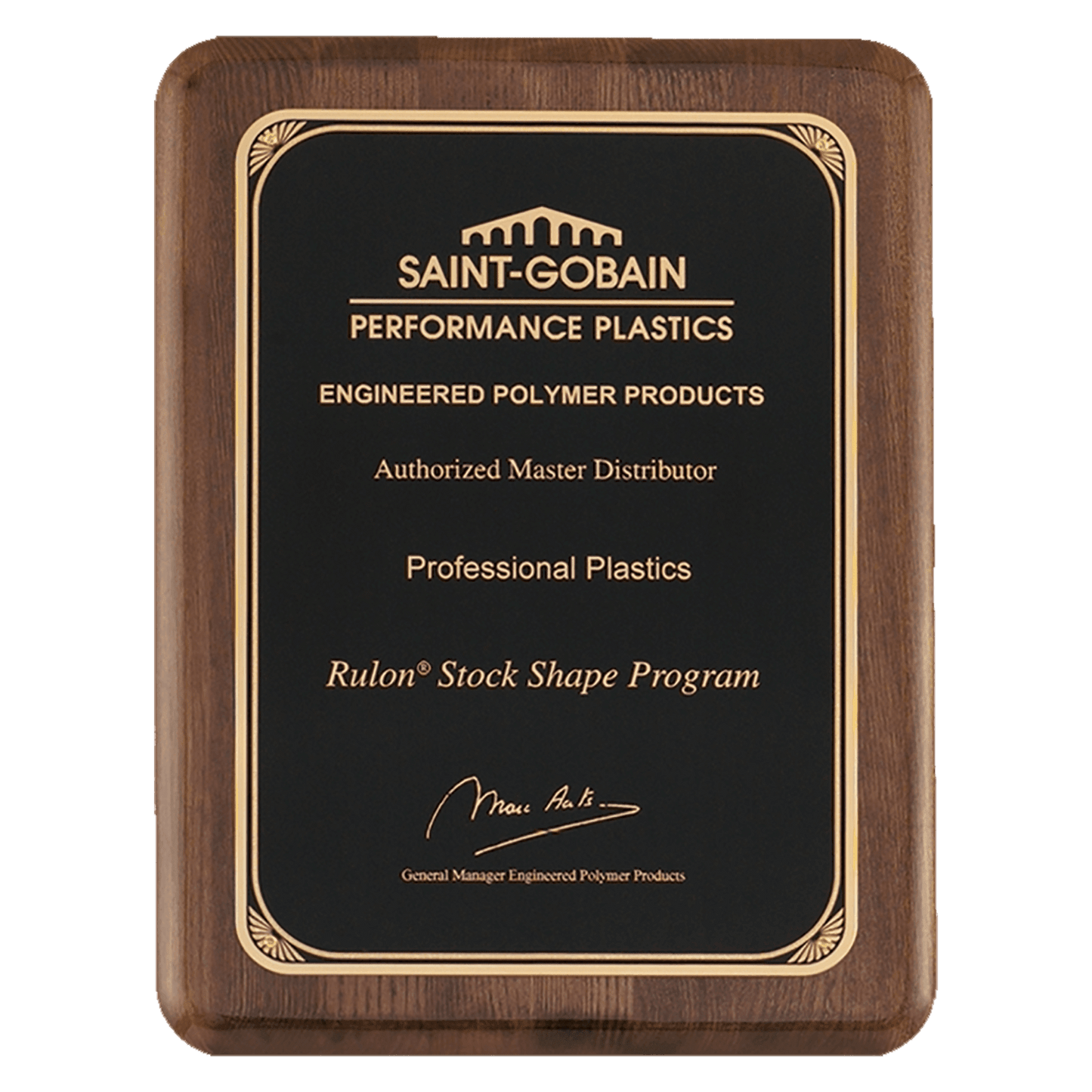 Walnut Piano Finish Plaque with Gold 7" x 9" Airflyte Premium Florentine Border LaserFX Plate