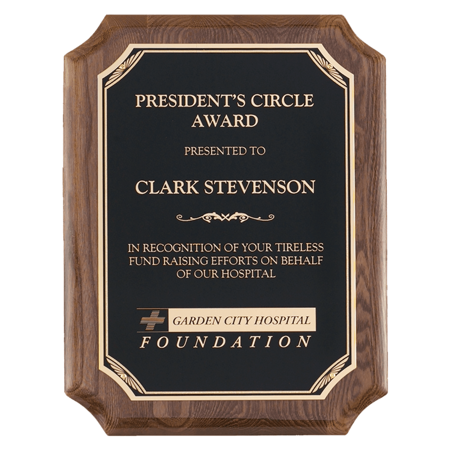 Walnut Piano Finish Plaque with Gold Florentine Border Black 9" x 12" Airflyte LaserFX Plate