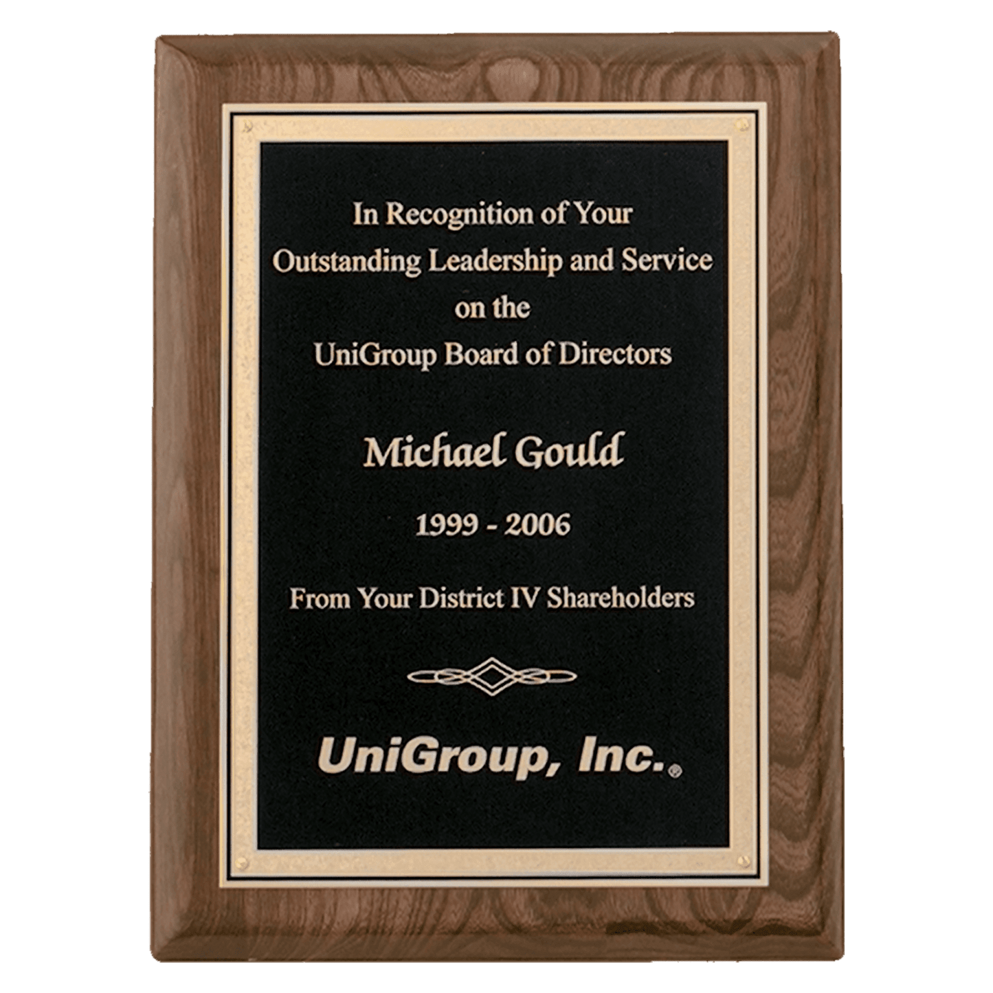 Walnut Piano Finish Plaque with Textured Black/Gold 9" x 12" Airflyte Florentine Border LaserFX Plate