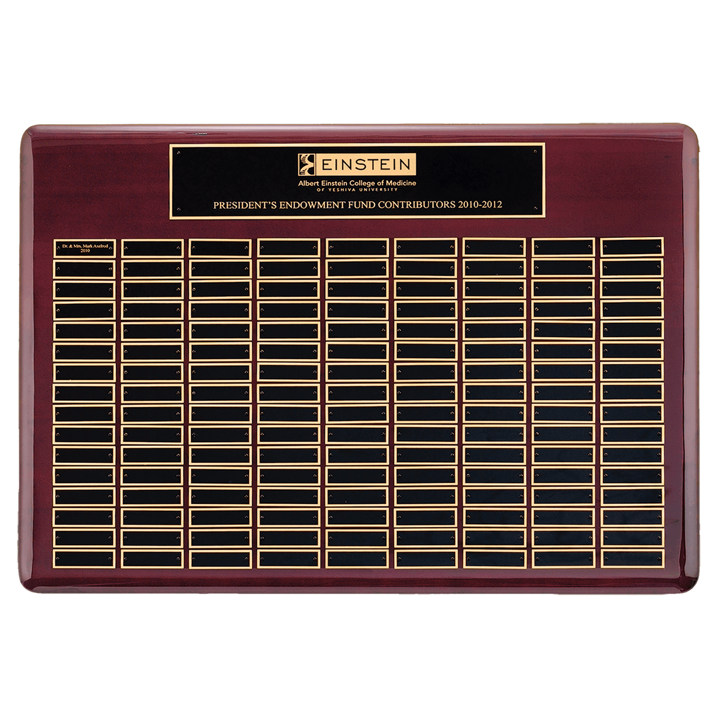 Rosewood Piano Finish 96 Plate Perpetual Plaque with Black Brass 22" x 30"/Plates 7/8" x 2 3/4" Plates