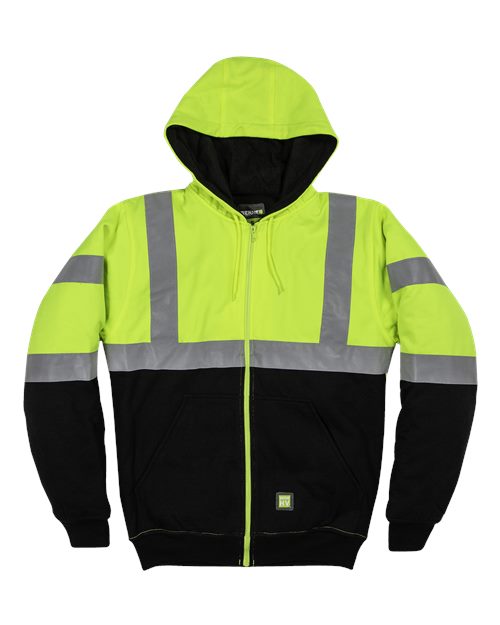 Berne Apparel HVF023 Men's Hi-Vis Class 3 Color Block Full-Zip Hooded Sweatshirt - Custom Decorated