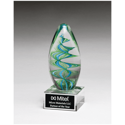 Blue and Green Helix Egg Shaped Art Glass on Clear Glass Base with Black 6 1/2" Laserable Aluminum Plate