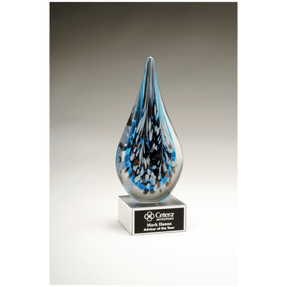 Multi-Colored Teardrop Art Glass on Clear Glass Base with Black 10" Laserable Aluminum Plate