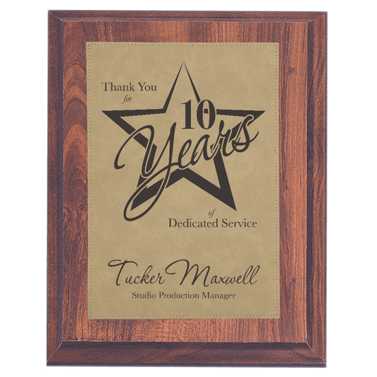 9" x 12" Elegant Cherry Finish Plaque with Light Brown Leatherette Plate