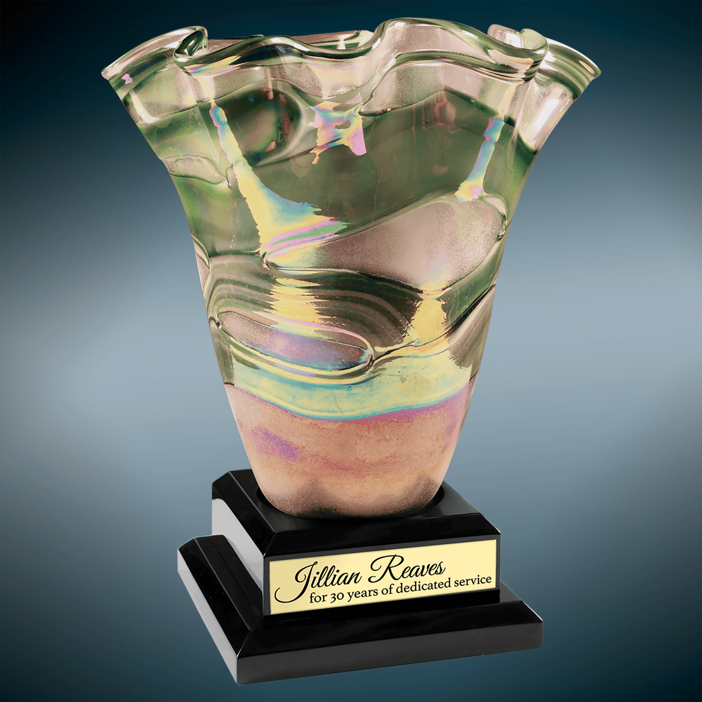 14 1/4" Art Glass Vase with Black Royal Piano Finish Base