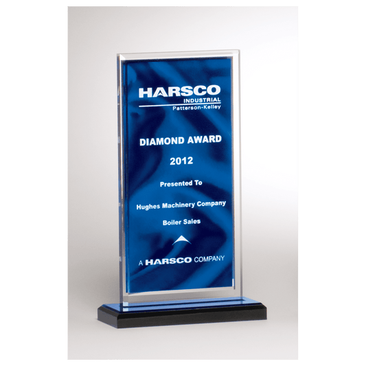 5" x 8 1/2" Dark Blue Draped Satin Patterned Acrylic with Silver Mirror Border, Black with Blue Top Base