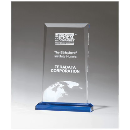 Clear Acrylic Award with Blue Highlights and Blue 5" x 7 3/4" Apex Series Base