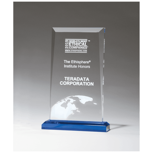 Clear Acrylic Award with Blue Highlights and Blue 5" x 7 3/4" Apex Series Base