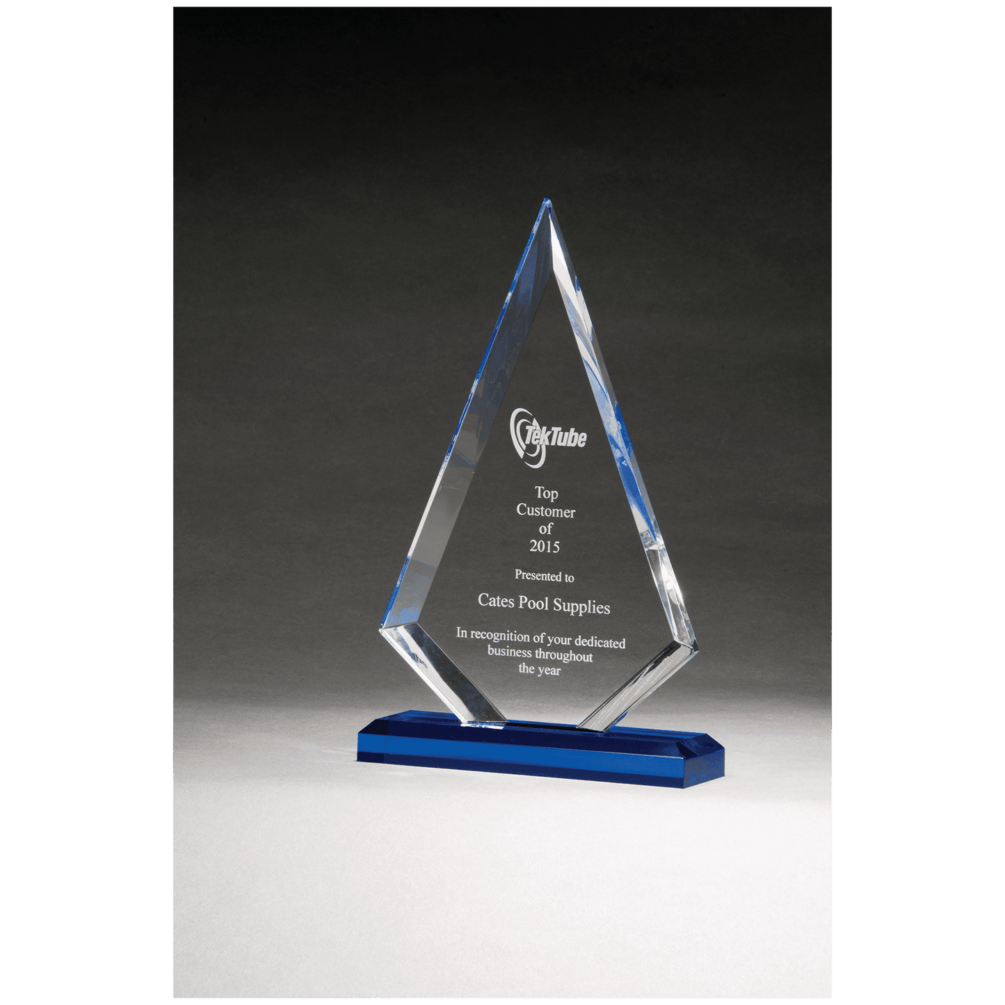 6" x 9 1/2" Arrow Series Clear Acrylic with Blue Highlights and Blue Base