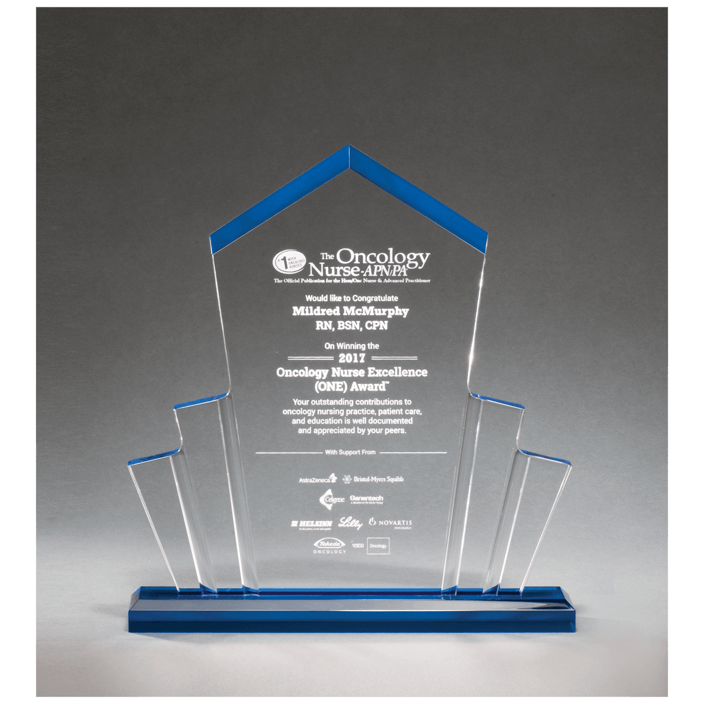 10" x 10 3/4" Large Tower Spotlight Clear Acrylic with Blue Accent on Blue Acrylic Base