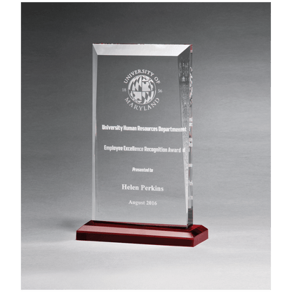Clear Acrylic Award with Red Highlights and Red 5 1/2" x 8 3/4" Apex Series Base