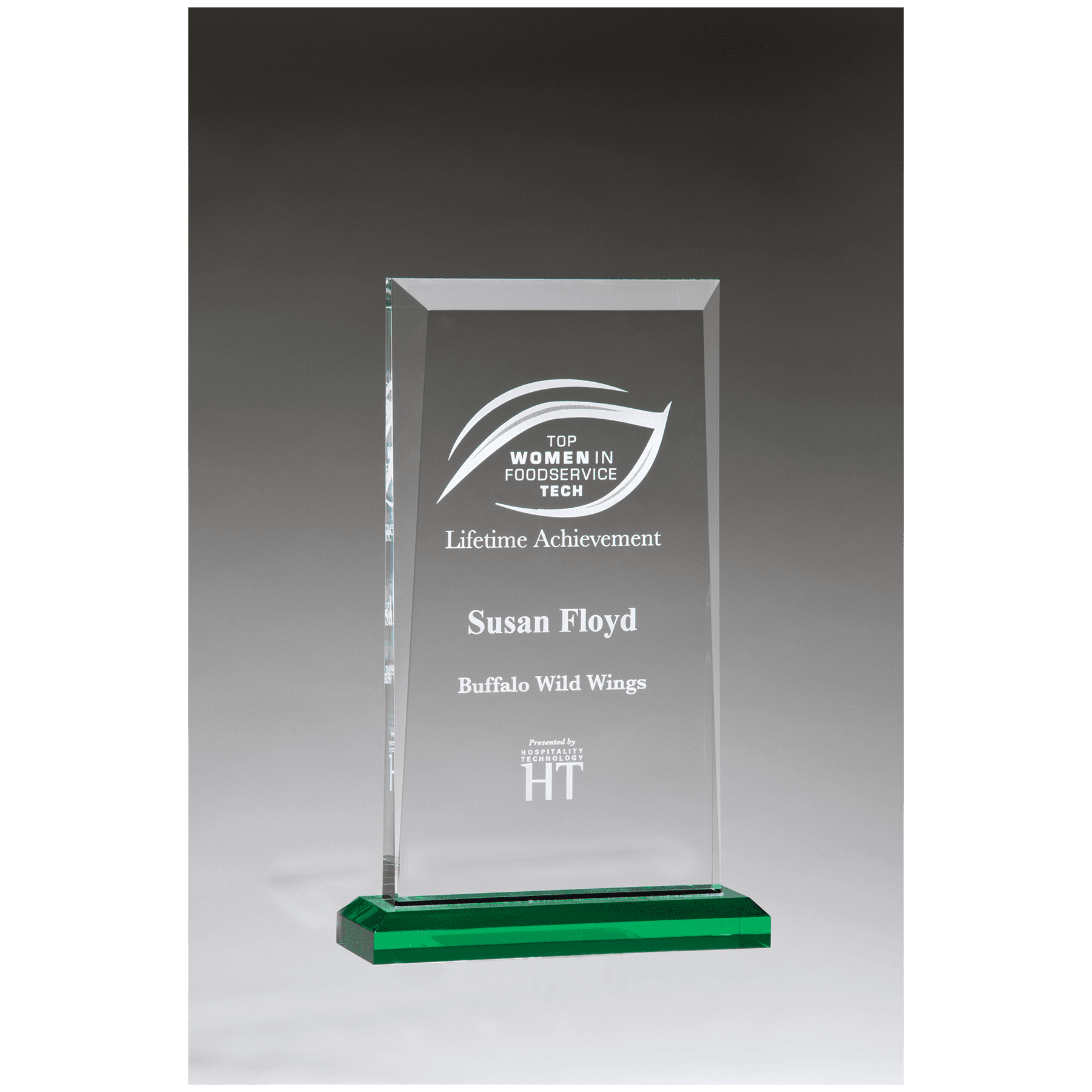 5 1/2" x 8 3/4" Apex Series Acrylic Award with Green Highlights and Green Base