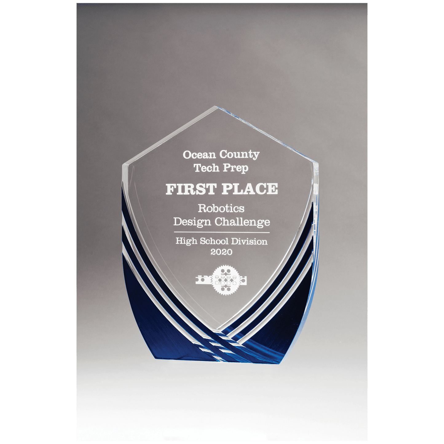 6 1/2" x 8 1/2" Shield Series Clear Acrylic with Polished Score Lines and Blue Metallic Accent