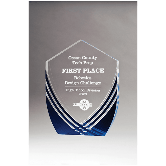6 1/2" x 8 1/2" Shield Series Clear Acrylic with Polished Score Lines and Blue Metallic Accent