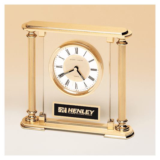 6 5/8" x 7 1/4" Glass Upright with Feet & Top, Metal Goldtone Columns, Diamond Spun Dial, 3 Hands with Black Plate