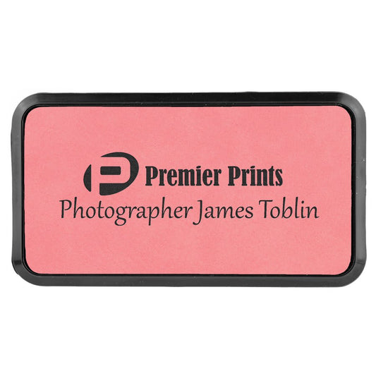 Pink 3" x 1 1/2" Laserable Leatherette Round Corner Badge & Frame