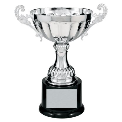 Silver 8 1/2" Completed Metal Cup Trophy on Plastic Base