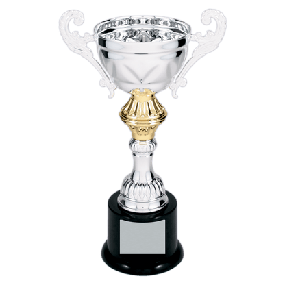 Silver 8 3/4" Completed Metal Cup Trophy on Plastic Base