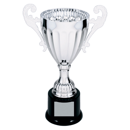 Silver 9 3/4" Completed Metal Cup Trophy on Plastic Base