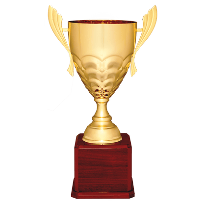 Gold Completed Metal Cup Trophy on Rosewood Royal 23 1/2" Piano Finish Base