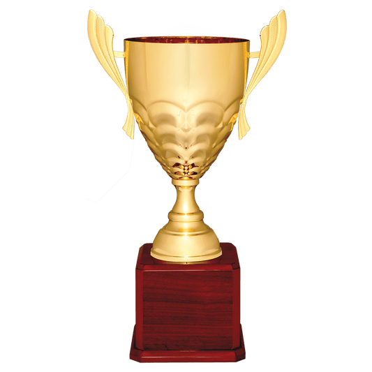 Gold Completed Metal Cup Trophy on Rosewood Royal 23 1/2" Piano Finish Base