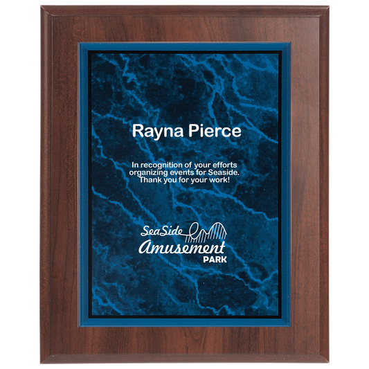Large Cherry Finish Plaque with Blue Marble Acrylic Plate