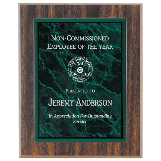 Large Walnut Finish Plaque with Green Marble Acrylic Plaque Plate