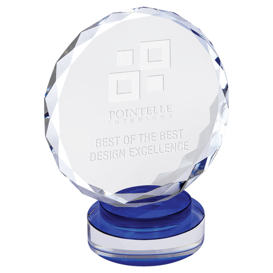 Blue & Clear 7" Round Facet Crystal on Round Base