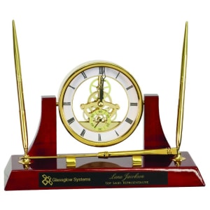 Executive Piano Finish Clock Desk Set with 2 Pens & Letter Opener Gold/Rosewood