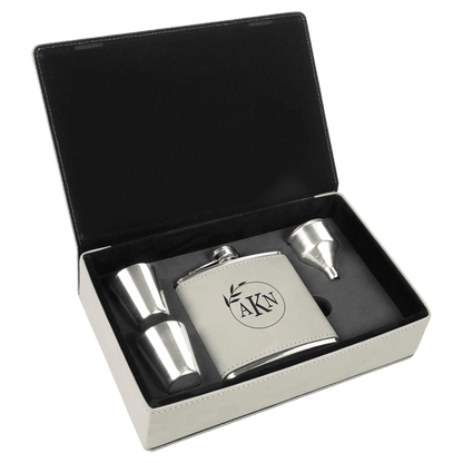 White 6 oz. Laserable Leatherette Flask Gift Set