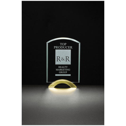 6" x  8 3/4"Arch Series Glass Award with Gold Metal Base