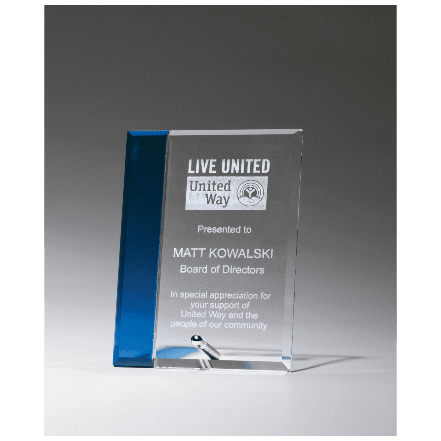 Clear Glass with Sapphire Blue Highlight and Silver 6" x 8" Plated Easel Post
