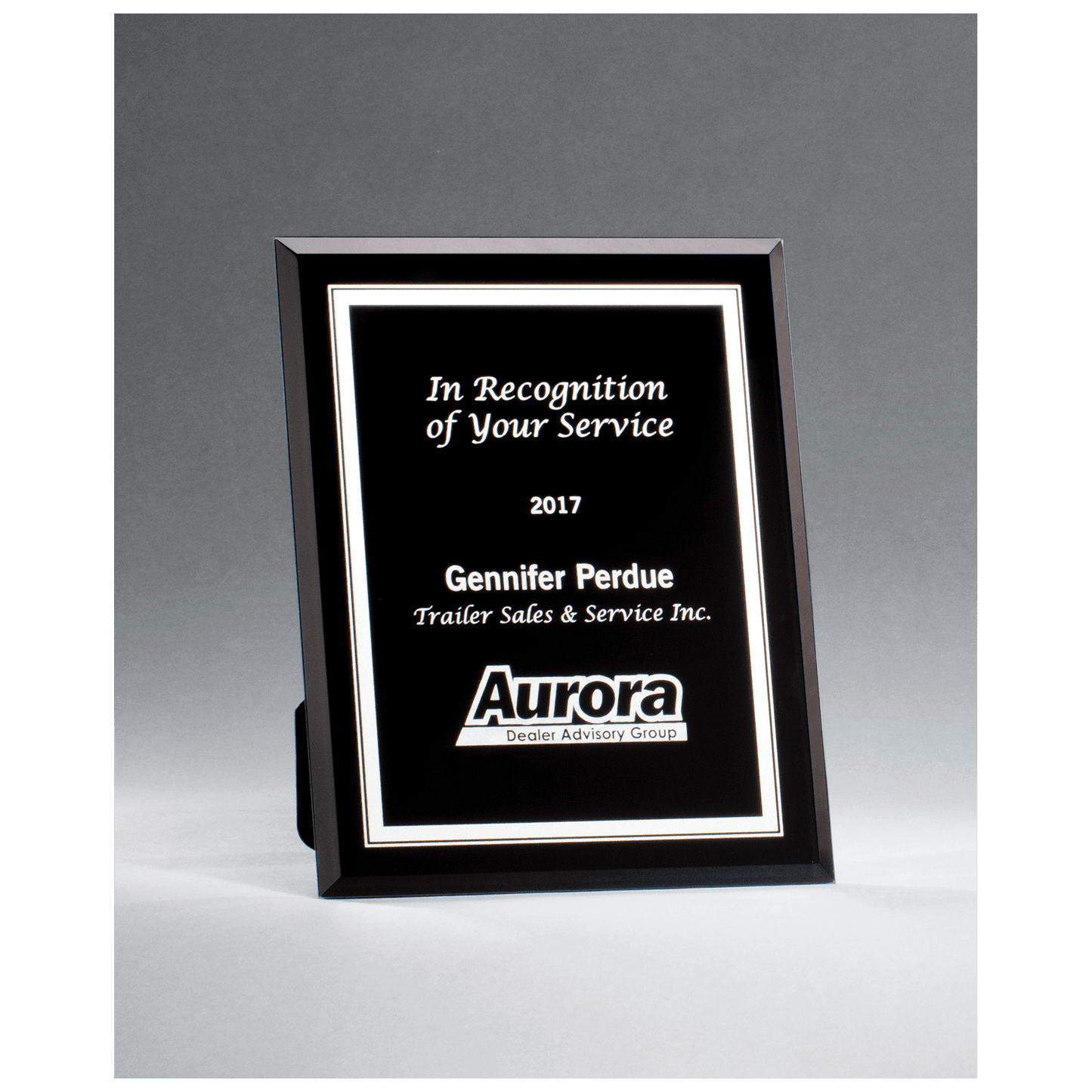 Black Glass Plaque with Silver 6" x 8" Border and Easel Back