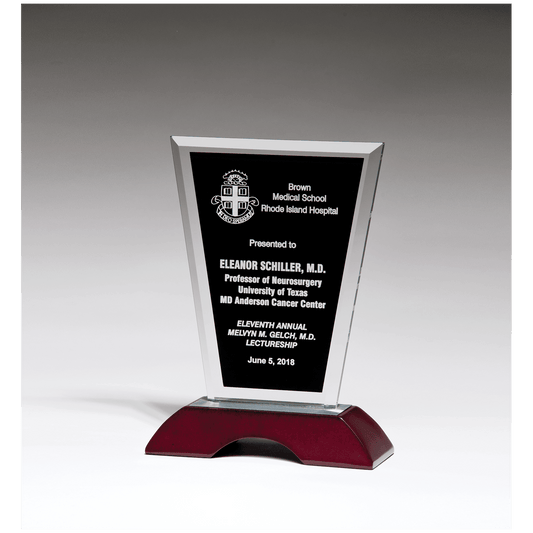 6" x 10" Black Silkscreened Clear Glass with High Gloss Rosewood Base