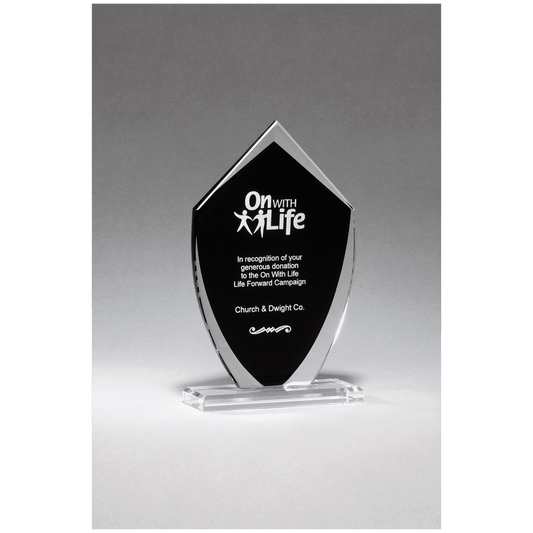 5" x 8 1/4" Shield Shaped Glass Award with Black Silkscreened Center