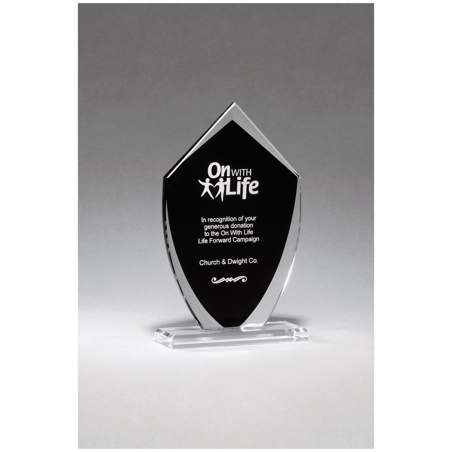 5 1/2" x 9 1/4" Shield Shaped Glass Award with Black Silkscreened Center